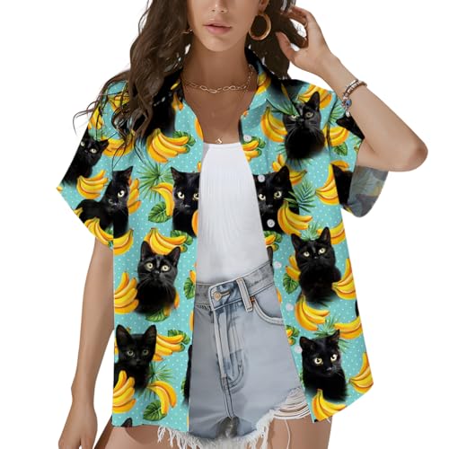 Tropical Cat Hawaiian Shirt for Women, Banana Black Cat Womens Hawaiian Shirt Short Sleeve Button Down