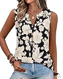 Gaharu Business Blouses for Women Work Summer Sleeveless Pleated Tank Tops V Neck Chiffon Tunic Vest Flower Shirts Multi-Black,X-Large