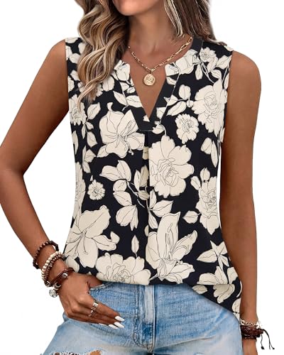 Gaharu Printed Blouses for Women Summer Sleeveless Vest Blouse Ladies Tank V Neck Cami Floral Top Tee Shirt Multi-Black,Large