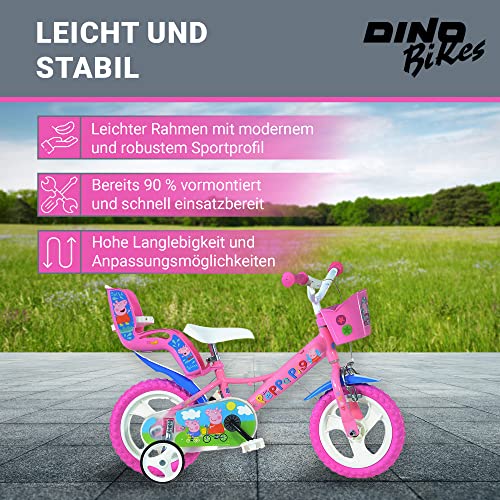 Dino Bikes – 12 Zoll Kinderfahrrad Peppa Wutz Pig – Mädchen Fahrrad mit abnehmbaren Stützrädern ab 2 Jahren – Kinderrad mit Frontkorb & Puppenträger – verstellbare Sattel- & Lenkerhöhe (Pink)
