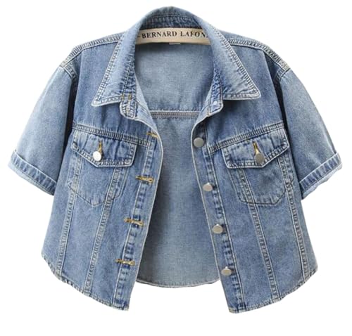 Women's Short Sleeve Classic Denim Jackets Cropped Button Up Jean Coat Tops Outerwear