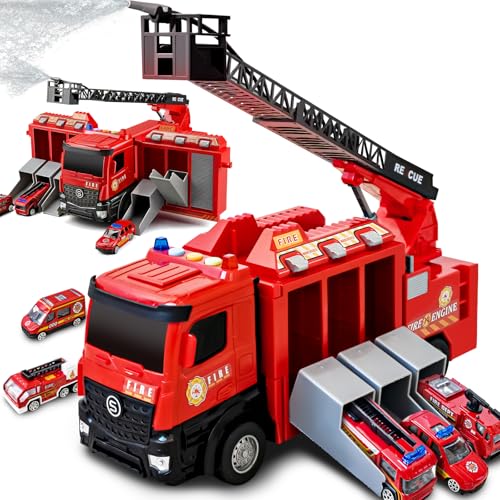 Großer Feuerwehr Truck Spielzeug Rettungsfahrzeug Set mit 6 Mini Autos Feuerwehrauto Autotransporter Spielzeug für Kinder im Alter von 2 3 und 4 Jahren Kinderfeste und Geburtstagsgeschenke