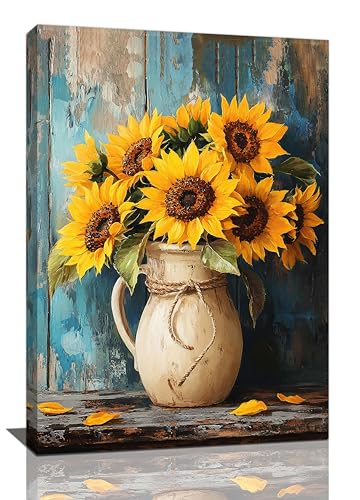 Crekviy Sunflower Wall Art Vintage Flower Wall Decor Farmhouse Canvas Prints Painting Yellow Floral Pictures Decoration for Bathroom Bedroom Living Room Framed Artwork Gifts 20"x24"
