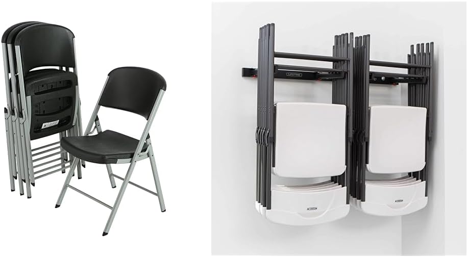 Lifetime Commercial Grade Folding Chairs, 4 Pack with Wall Mounted Chair Rack, Black/Silver
