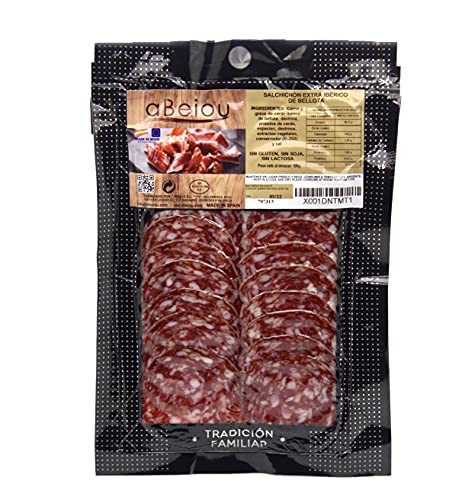 Salchichón Ibérico de Bellota Loncheado 50% Raza Ibérica 100 g (1 sobre) — Curación +16 Meses — Cert. Hycer — Guijuelo Salamanca — aBeiou