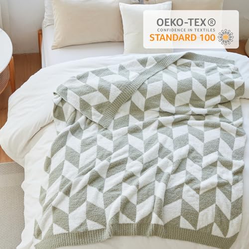 Image of Snuggle Sac Chevron Throw Blanket for Couch, Reversible Super Soft Warm Blankets Cozy Knit Fuzzy Plush Lightweight Throws for Sofa, Bed, Camping, Green,50x60 inches