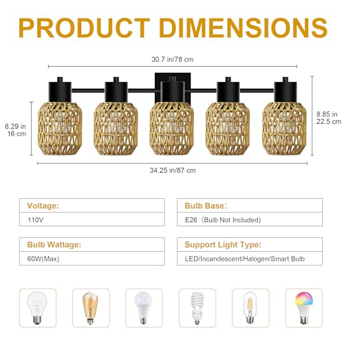 Image of CHICLUX Bathroom Vanity Light, 5 Lights Boho Rattan Bathroom Lighting fixtures Over Mirror, Farmhouse Vanity Lighting Fixtures with 330 Adjustable Woven Lampshade, E26 Base (Bulbs Not Included)
