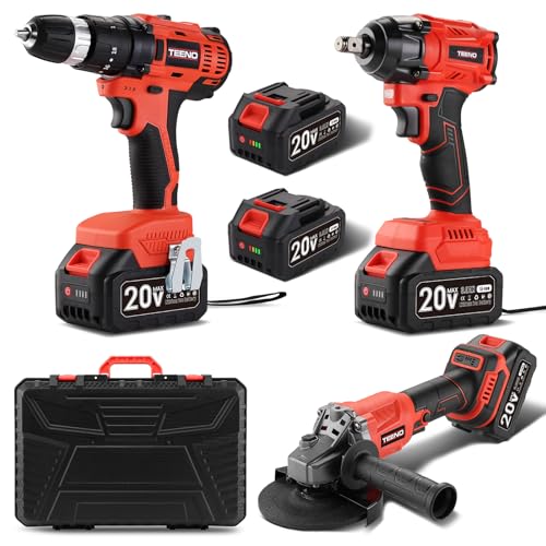 TEENO Juego de Herramientas Eléctricas 3 Piezas: Llave de Impacto Sin Escobillas + Taladro Percutor a Bateria + Amoladora Angular Sin Escobillas, 2x Batería 20V, Ideal para Hogar y Reparación de Coche