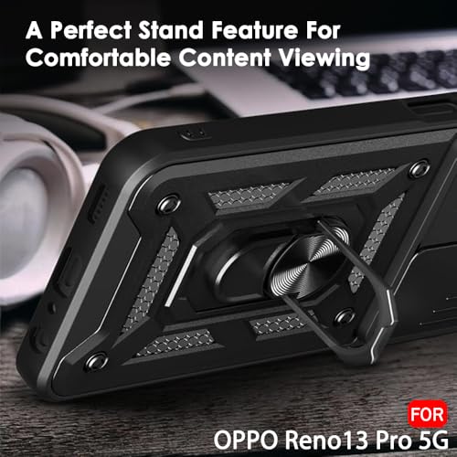 Image of TheGiftKart Tough Armor Bumper Back Cover Case for Oppo Reno 13 Pro 5G | Sliding Camera Cover, Kickstand & Ring Holder | 360 Degree Protection Back Cover for Oppo Reno13 Pro 5G (PC & TPU, Black)