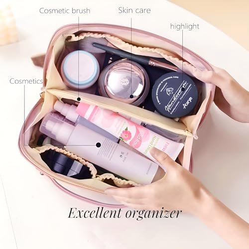 Image of NFI Essentials Pack of 2 Cosmetic Travel Organizer Bag, Women's Makeup Pouch Toiletry Bag Portable Leather Wide Opening Cosmetics Bag with Handle and Divider, 8Cm, Assorted