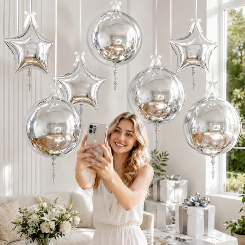 Image of 9 Pcs Silver Round Foil Balloons and Star Balloons 22 /18 4D Ball Balloon Metallic Silver Star Mylar Balloon Chrome for Graduation Birthday Wedding Anniversary New Year Disco Prom Party Decor