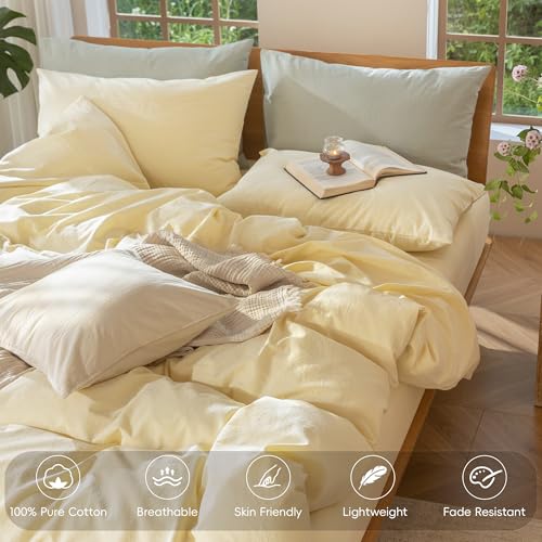 Image of MooMee Duvet Cover Set 100% Washed Cotton Linen Like Queen | Relaxed Linen-like Texture. Soft, Breathable & Long-lasting Comfort. Lightweight. Hidden Zipper with 8 Interior Corner Ties