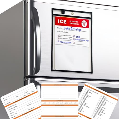 Emergency Medical Information Kit for Fridge – “File of Life” Style Magnet Packet with In Case of Emergency Forms, Medication List & Contact Cards – For Seniors, Elderly, EMTs & First Responders