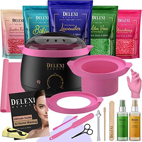 DELEXI Premium All-in-one Waxing Kit for Women | Salon Quality 5-Pack Hard Wax Beads For Brows, Bikini, Legs, & More + Silicone Wax Kit Accessories