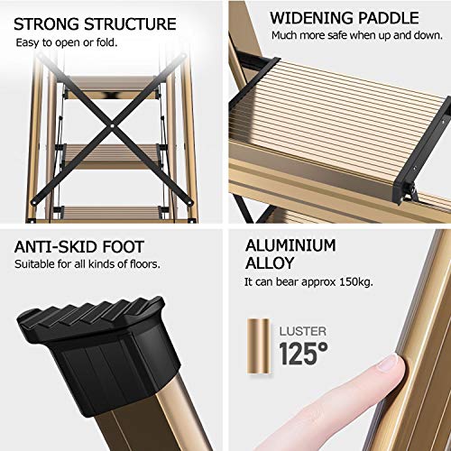 Lightweight Aluminum 4 Step Ladder Folding Step Stool Stepladders with Anti-Slip and Wide Pedal for Home and Kitchen Use Space Saving (Brown Gold)