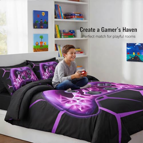 Image of ZRNBAST Purple Gamer Bedding Set 6 Pieces Bed in a Bag Twin Comforter Set
