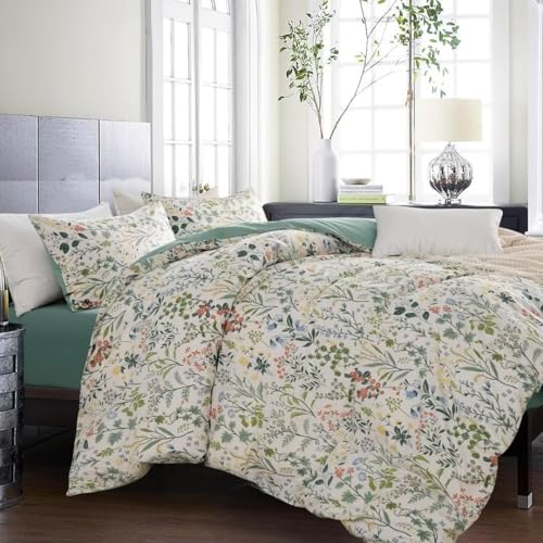 Image of MKXI Queen Size Wildflower Duvet Cover Set Sage Green Spring Floral Bedding Set Rustic Cabin Duvet Cover Green and White Botanical Duver Cover Fresh Bedding Collection 100% Cotton