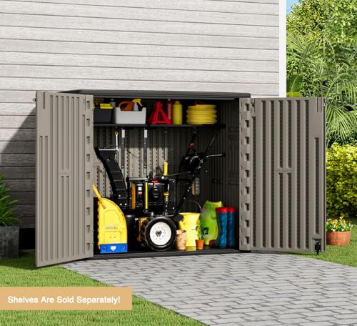 Image of KINYING Outdoor Horizontal Storage Sheds,Outdoor Storage Cabinet Waterproof Resin Tool Storage Box for Lawn Mower,Garden Tools and Patio Furniture, Lockable (Brown)