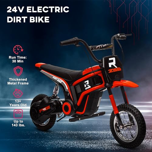 Aosom Electric Dirt Bike with Twist Grip Throttle, 24V 350W Off-Road Electric Motorcycle, Up to 15 MPH with Brake, Music Horn, Rear Suspension for Ages 13+ Years, Red