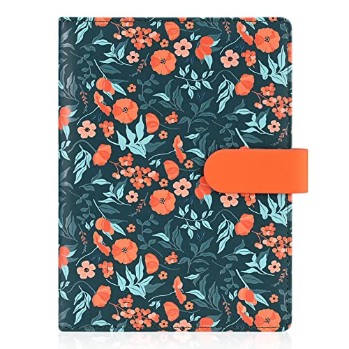 Organizador personal floral A5, funda de piel sintética para cuaderno, funda de cartera recargable A5, organizador de carpeta de 6 anillos con cierre de hebilla magnética, azul oscuro