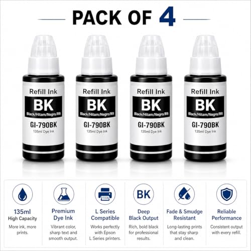 Image of ROHINK GI-790 Refill Ink Bottle Compatible for Canon G1010 G2000 G2002 G2010 G2012 G3000 G3010 G3012 G4010 |Leak Proof| Best compatiblity (135ml X 4Black Bottle)