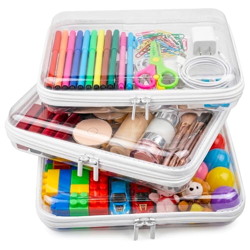 HOUYEE 3 Pack Clear Hard Shell Zipper Case (Large) Hard Plastic Organizer Pouches for Toys Storage Travel Small Items Makeup Transparent & Waterproof Storage