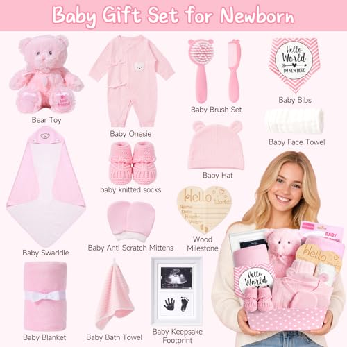 Image of iAOVUEBY Baby Shower Gifts Basket, Baby Girl Gifts & Newborn Essentials Infant First Mileston Keepsakes Blanket Cloths Toy, All-in-One New Baby Girl Gift Set Basket
