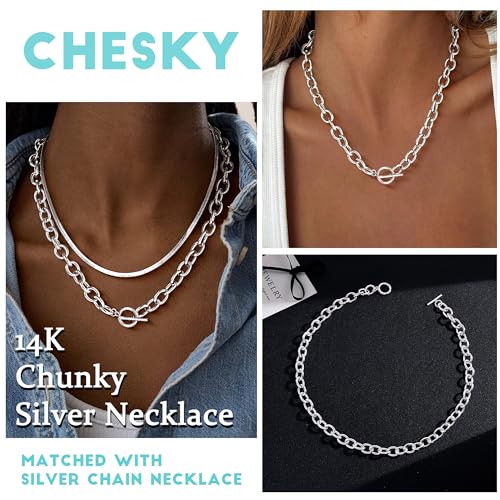 CHESKY Chunky Silver Necklace for Women, Trendy Silver Plated Chain Necklace Layered Paperclip Herringbone Cuban Link Chain Necklace Thick Toggle Necklaces Non Tarnish Womens Jewelry3