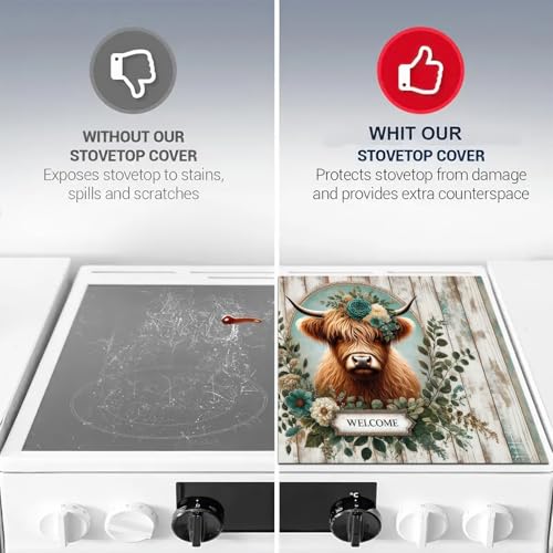 Image of HOMETITUTE Highland Cow Welcome Stove Cover 28x20 Diatomite Mat | Electric stove decoration
