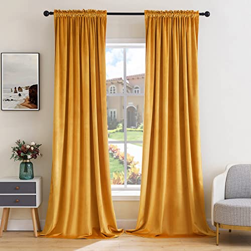 Image of MIULEE Mustard Yellow Blackout Velvet Curtains Drapes 84 Inch Long 52 inchx84 inch | Luxurious Bedroom Living Room Decor, Room Darkening, Thermal Insulated, Rod Pocket Design, Super Soft Fabric