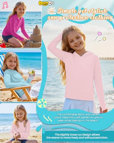 Image of 3 Pack Girls Sun Protection Swim Shirts UPF 50+ Long Sleeve Rash Guard Lightweight Quick Dry Hoodies with Thumbhole