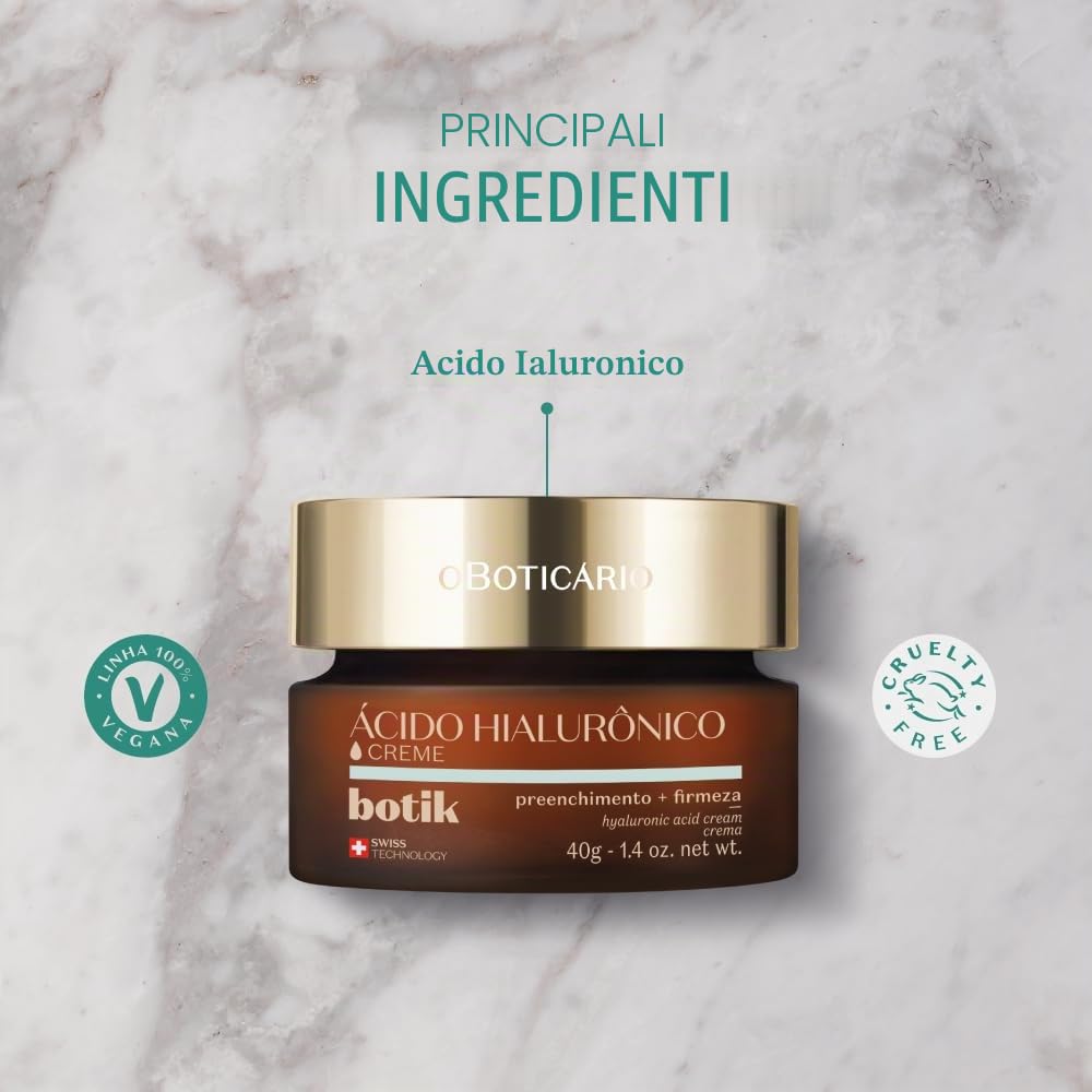 O Boticário Botik - Crema viso con acido ialuronico, riempie le rughe, aumenta la compattezza della pelle e la pelle morbida e riposata, 40 g