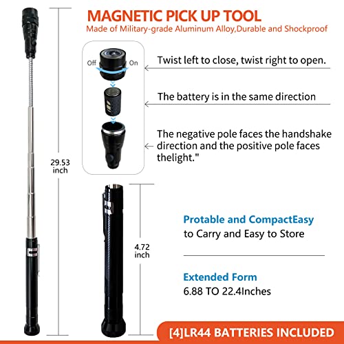 Valentines Day Gifts For Him, Gift For Mens 5Pcs Magnetic Pickup Tool, Christmas Birthday Gifts For Him, Telescoping Flexible Flashlight With Pick Up Rod, Round/Square Inspection Mirror For Mechanic #TOP1