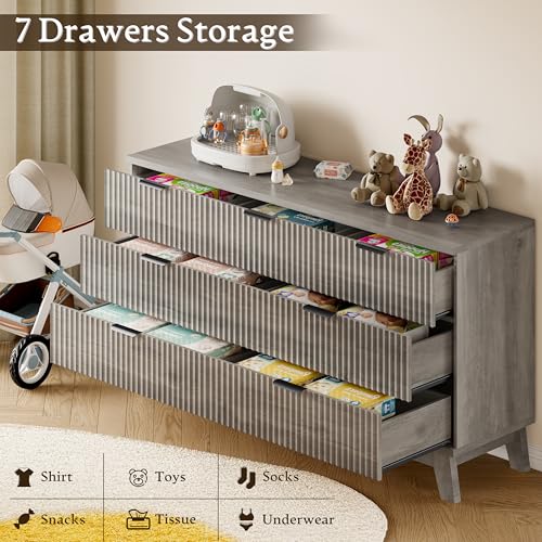 Image of BORNOON 57 inch Long Dresser for Bedroom, 7-Drawer Fluted Chest, Wide Wood Storage Dresser with Metal Slides and Handles, Stable Base, Modern Clothes Organizer for Primary Suite, Guest Room, Nursery