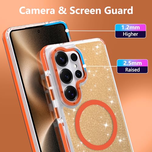 Image of Magnetic Case for Samsung Galaxy S26 Ultra [Compatible with Magsafe] [Bling Glitter Fluorescent Design] [1 Screen Protector] Slim Translucent Matte Case for Galaxy S26 Ultra 6.9 inch, Orange