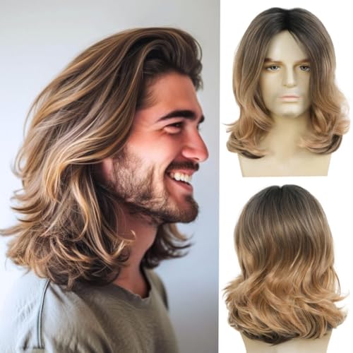 Salaibs Brown Wig for Men Shoulder Length Rocker Ombre Brown Mid Length Wigs for Man Male Cosplay Party Costume Wig