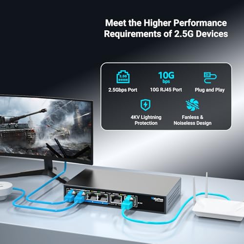 6 Ports 10Gb Unmanaged Ethernet Switch with 4*2.5G Base-T Ports, 2*10G RJ45 Ports. 60Gbps Switching Capacity, GiGaPlus 10Gbps Network Switch for 2.5G/10Gbps NAS/PC, WiFi6 Router, Wireless AP - Image 4