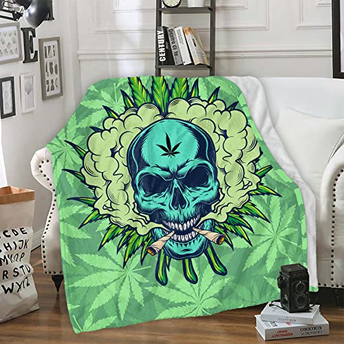 Cool Skull Soft Throw Blanket, Super Soft Leaves Blanket For Men Women Cozy Plush Flannel Micro Fleece Throws 60 X 50 Inches Blanket For Bed Sofa Couch (Weed) #TOP13