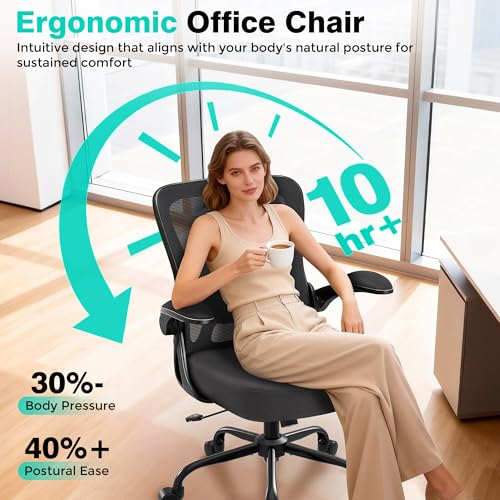 Image of AreShark Office Chair - Ergonomic Breathable Mesh Desk Chair with Adjustable Lumbar Support and Flip-up Armrests - Executive High Back Rolling Swivel Comfortable Computer Gaming Chair for Home Office