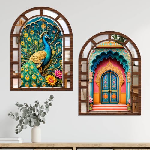 Image of Artvibes Royal Arch Theme Decorative Wall Accent |Jharokha Mirror | Wall Hanging Decor for Living Room, Bedroom, Hall, Dining Room, Foyer, Office & Entryway | Gift (WH 12023N), Set of 2