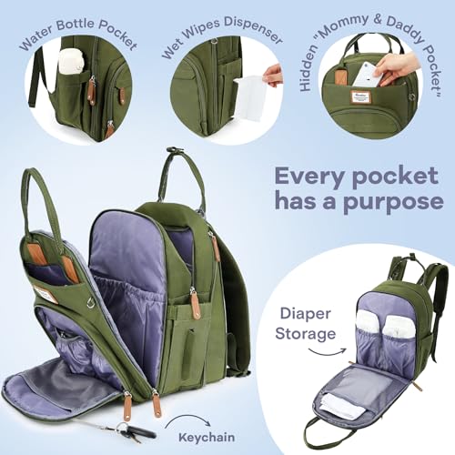 Image of RUVALINO Diaper Bag Backpack-Expandable Baby Bag with up to 50% Capacity -Baby Essentials Bag with Changing Pad Insulated Bottle Holders & Pacifier Case, Waterproof, Army Green XL