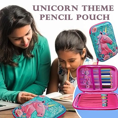 Image of FunBlast Unicorn Pencil Pouch for Girls - Multipurpose Zipper Pouch, Hard Canvas Large Capacity Pencil Case, Stationary Organizer Pouch, School Supplies for Kids, Girls (Sky Blue)