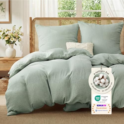 BEDSURE Musselin Bettwäsche 135x200 4teilig - Grün, 80x80 Kissen, Oeko-TEX | 100 % Baumwolle Bettwäsche-Sets, 2 Bettbezüge 135 x 200 und 2 Kissenbezüge 80 x 80, mit Reißverschluss,