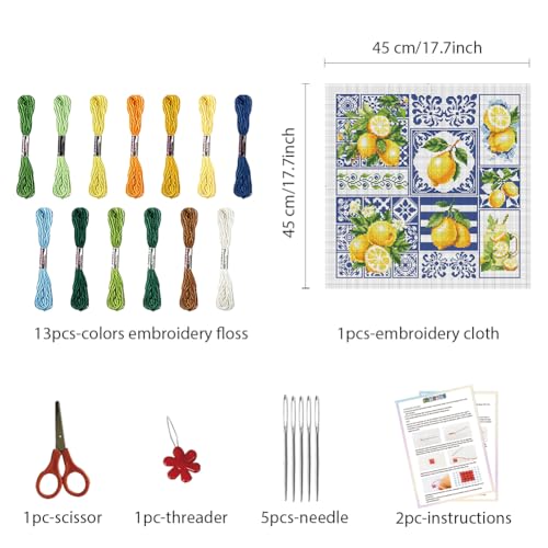 Image of FREEBLOSS 11CT Cross Stitch Kit Stamped Cross Stitch Craft Kit with Stitching Guide for Beginners Lemon Embroidery Set Crossstitch Wall Hanging Set 17.7x17.7inch
