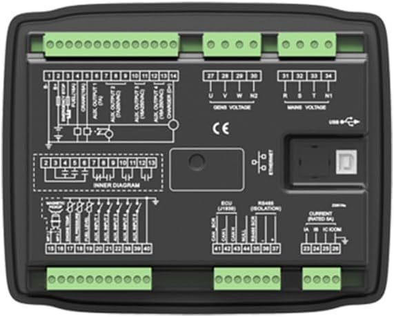 Rear view of the HGM6120CAN Genset Controller, showing detailed wiring diagrams and connection terminals.