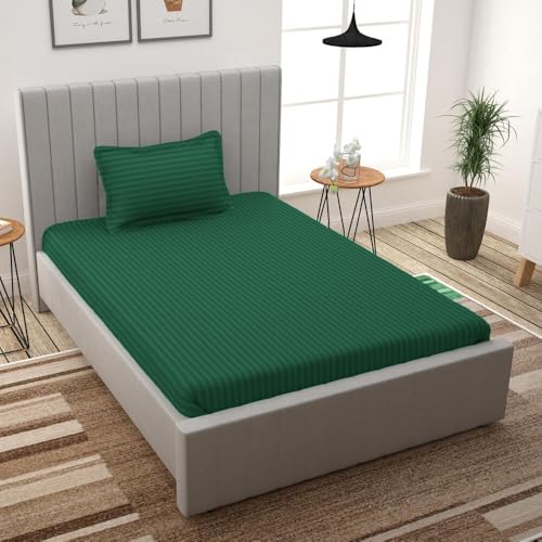 Image of Cotton Plain Stripe Single Bedsheet with 1 Pillow Cover (60 X 90 Inch) - Dark Green