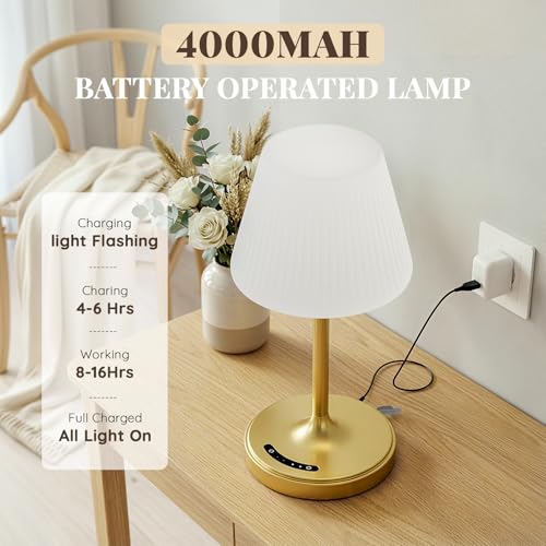 Image of Waterproof Shower Lamp, 4000mAh Cordless Table Lamp, 3-Color Dimmable -Gold | touch dimmable, weighted base, bathroom shower light, patio dinner, RV camping, charge your phones, memory night light