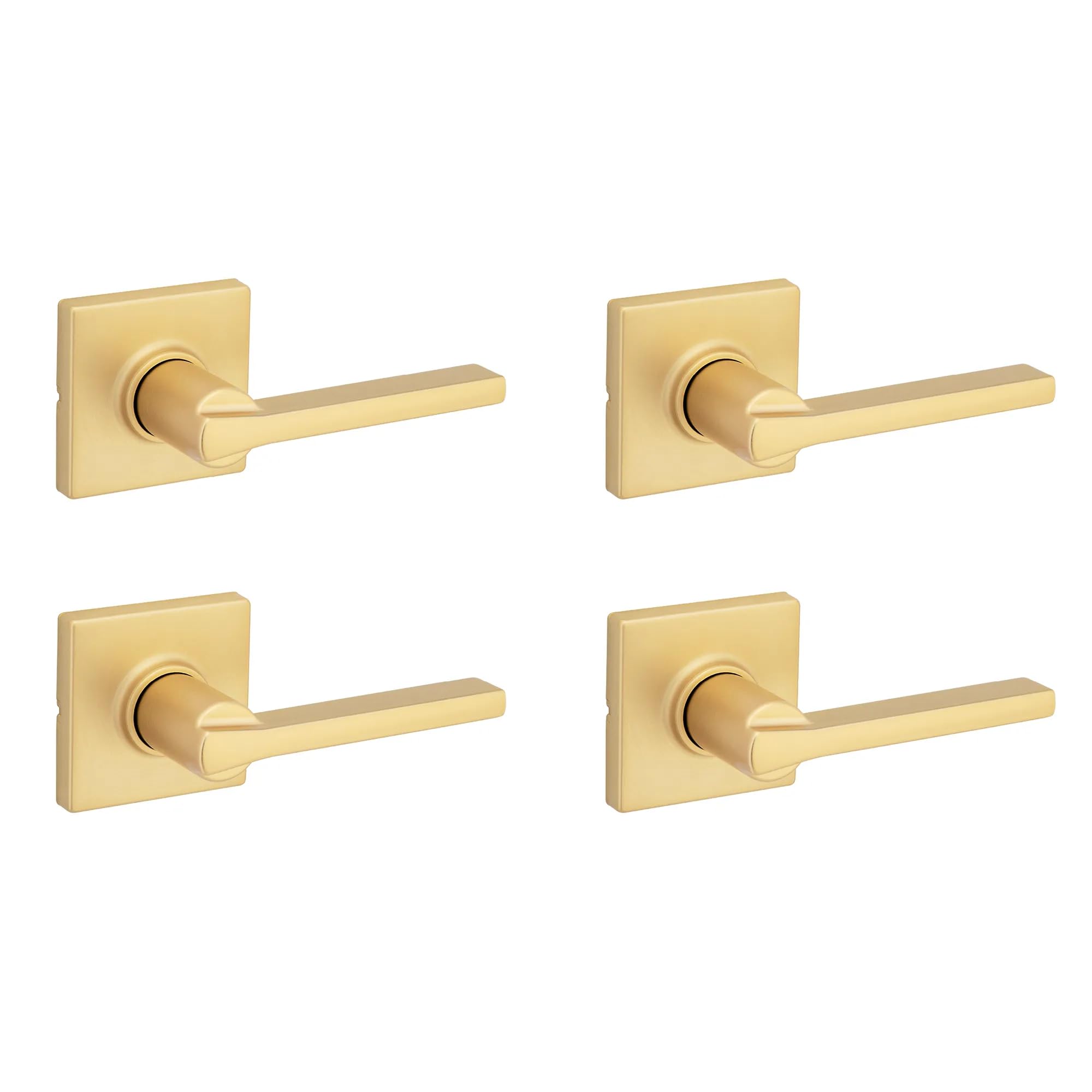 Kwikset Casey Interior Square Passage Door Handle, Lever for Closet and Hallway Doors, Reversible Non-Locking Handle Lever, Satin Brass 4 Pack