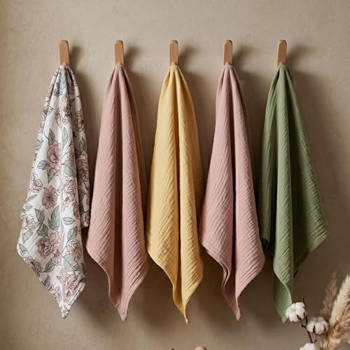 Image of Muslin Receiving Blankets, Neutral Blanket Swaddling for Newborn Boys and Girls, 5 Pack Breathable and Skin-Friendly Swaddle Wrap for Infant Baby (Pink Flower)