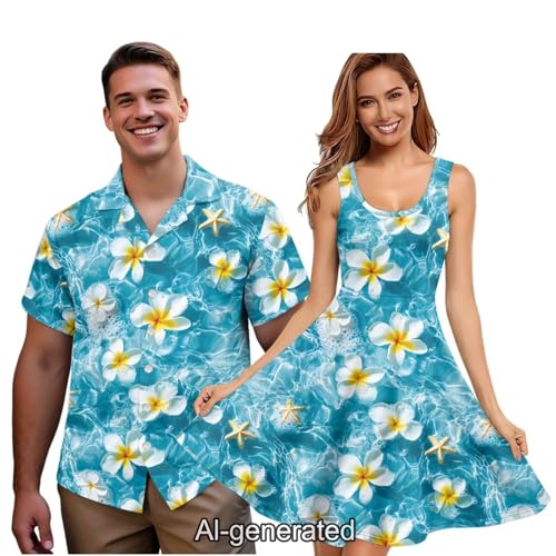 Image of Dreaweet Summer Dresses for Women A-Line Sleeveless Flowy Sun Dresses,Men's Casual Button-Down Shirts,Couple Matching Outfits